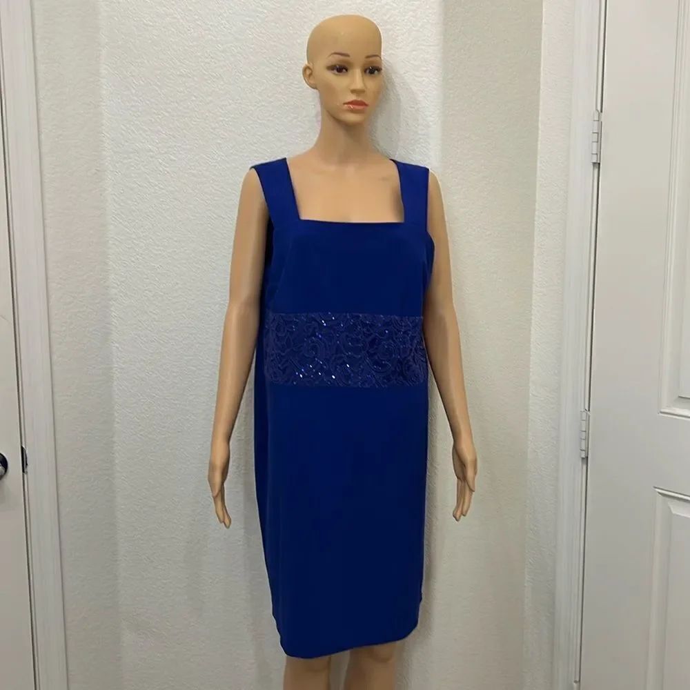 R&MโRichards Womanโs Dress Sz 14WP Royal Blue Square Neck Lace SequinsโMidi